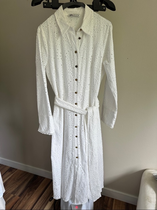 Zara Dresses & Skirts - Zara White Eyelet Long-Sleeve Shirt Dress with Waist Tie